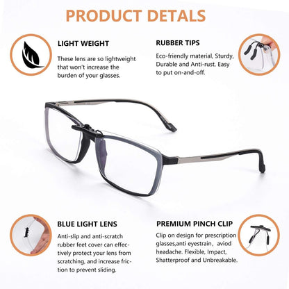 FONHCOO Clip on Blue Light Blocking Glasses Womens Mens Over Prescription Glasses Frameless Lens Anti Eyestrain Headaches UV Filter Computer Gamer Eyeglasses Transparent