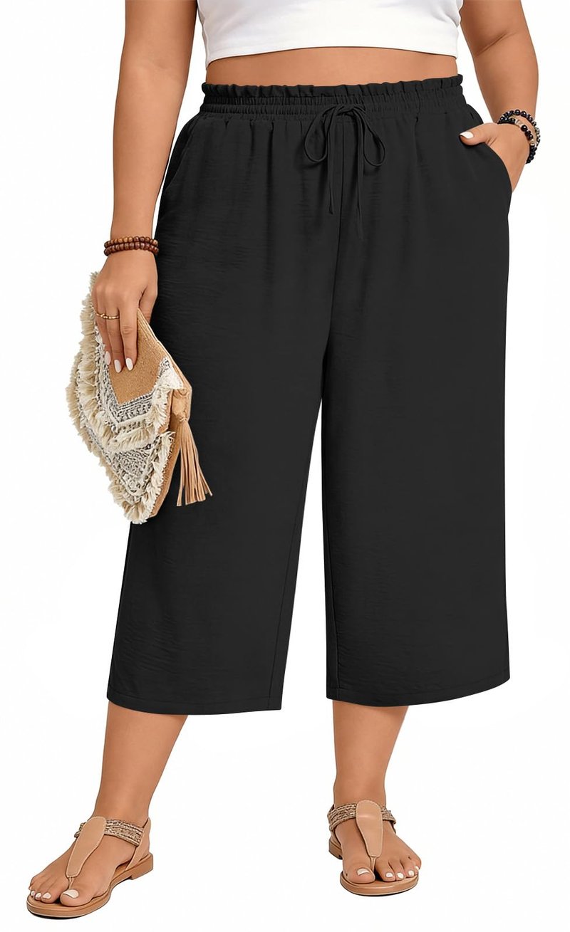 Anyhold Womens Capri Pants Loose High Waisted Wide Leg Lounge Pants Drawstring Casual Palazzo Trousers with Pockets X-Large, Black