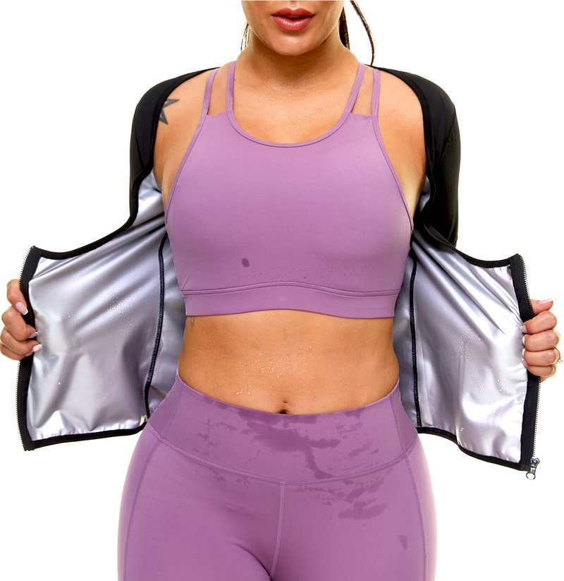 Sauna Suit for Women Sweat Body Shaper Jacket Hot Waist Trainer Long Sleeve Zipper Shirt Workout Top (Silver, Small)