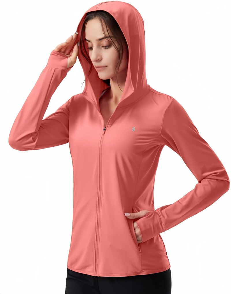 Soothfeel Women's UPF 50+ Sun Protection Hoodie Jacket Lightweight Long Sleeve Sun Shirt for Women with Pocket Hiking Outdoor(Coral, XXL)