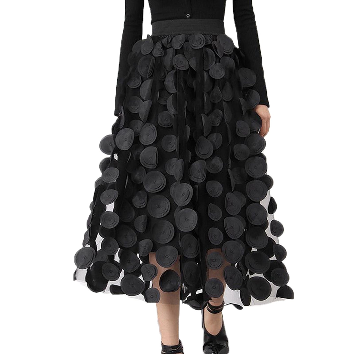 Tulle Skirt Women 3D Polka Dot Elastic Waist Mesh Flowy A-Line Midi Skirts Wedding Halloween Party Outfit (Black, One Size)