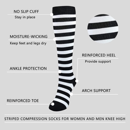 Junely Compression Socks for Women Striped Knee High Stockings for Halloween Goth Running Athletic Nurses Pregnant Women Work Support Travel Flight Sports Gifts Black White