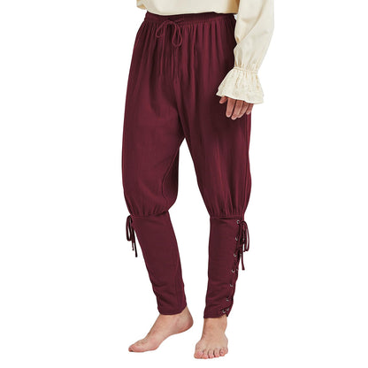 Century Star Renaissance Costume Men's Pirate Pants Medieval Pants Ren Faire Costumes Viking Colonial Steampunk Gothic Halloween Cosplay Trousers with Drawstrings Ankle Banded Wine Red Medium