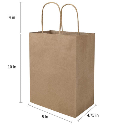 bagmad 100 Pack 8x4.75x10 Inch Plain Medium Paper Bags with Handles Bulk, Brown Kraft Craft Gift Bags, Grocery Shopping Retail Birthday Party Favors Wedding Sacks (Natural Brown, 100pcs)