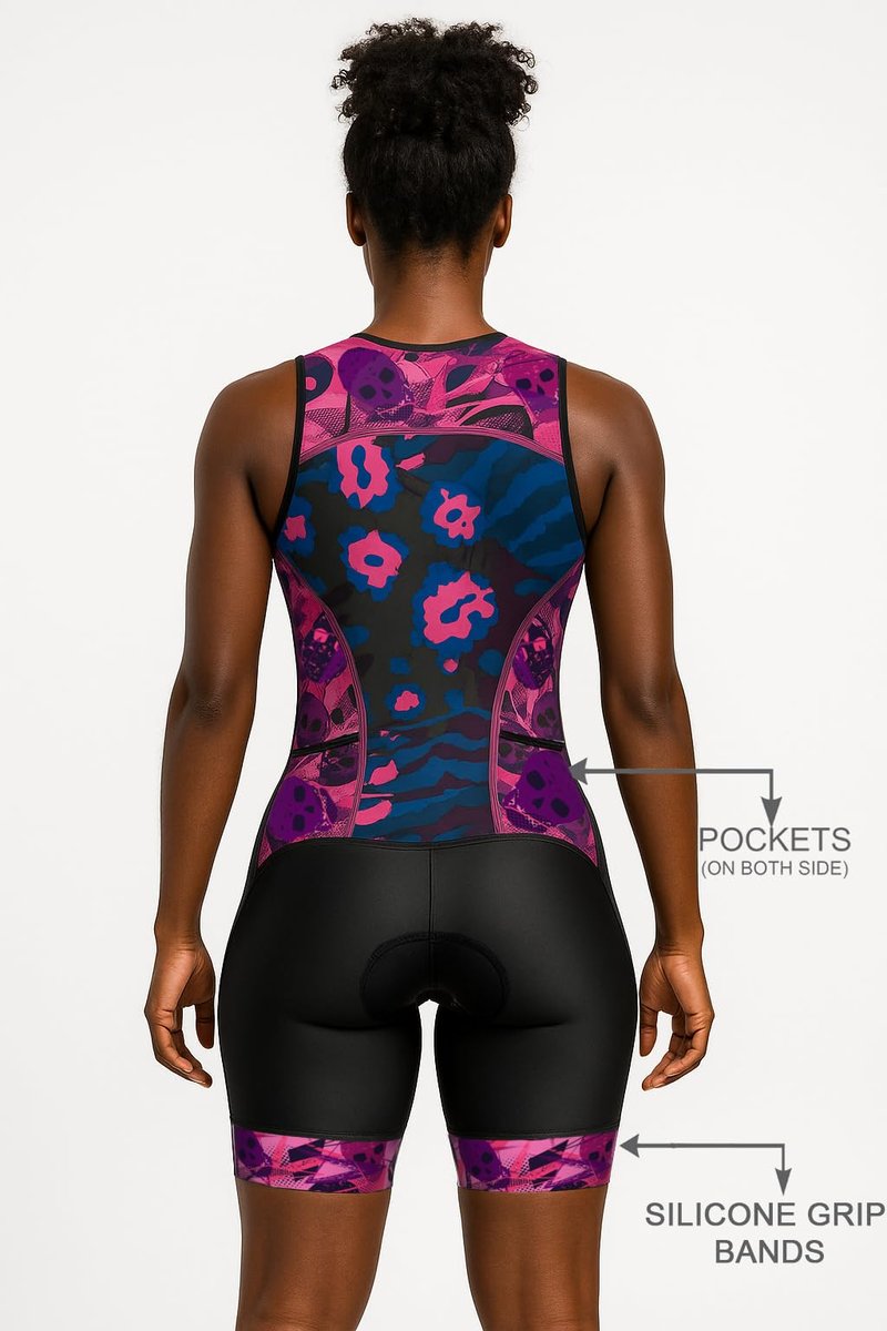 WIXEN Women's Triathlon Suit Sleeveless Tri Suit Padded Cycle Race Swim Bike Run Trisuit Back Pockets (Skins, L)