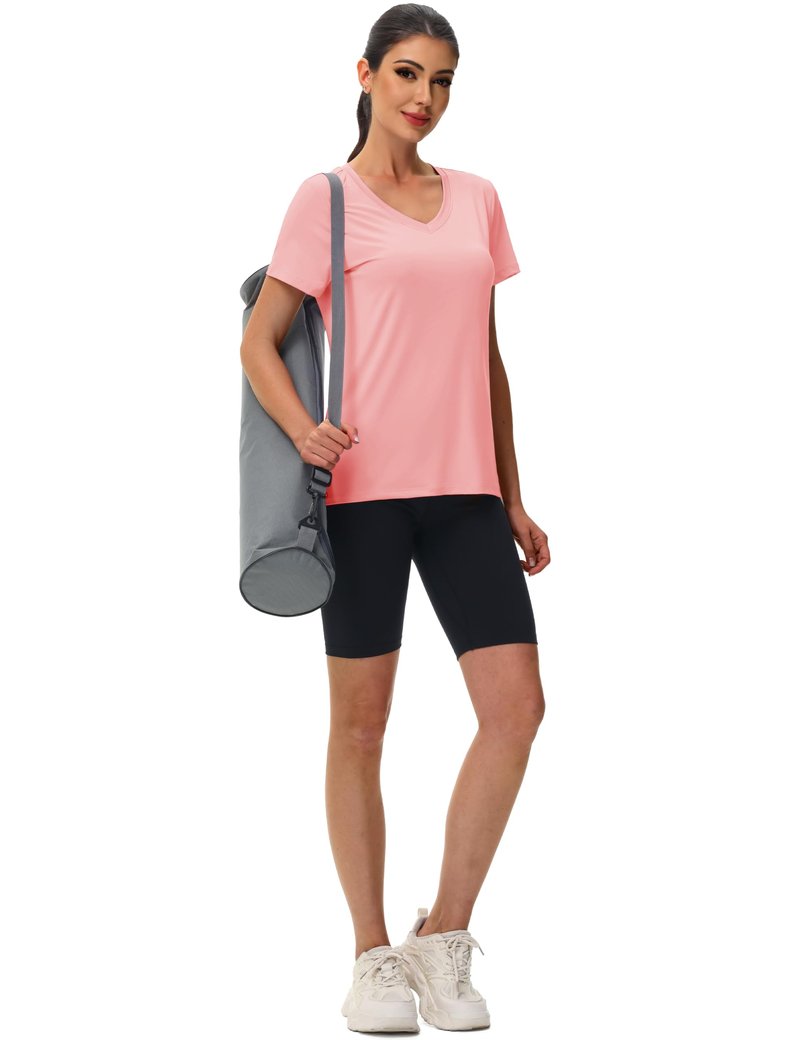 MAGCOMSEN Short Sleeve Workout Tops for Women V Neck T Shirts UPF Summer Tees Breathable Gym Hiking Yoga Tops, Pink, L