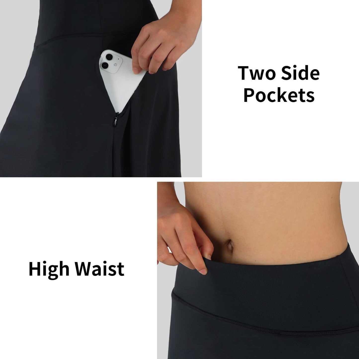 ANIVIVO Women Long Knee Length Skirt with Capris Leggings,Skirted Leggings with High Waisted Zipper Pockets(Black,L)