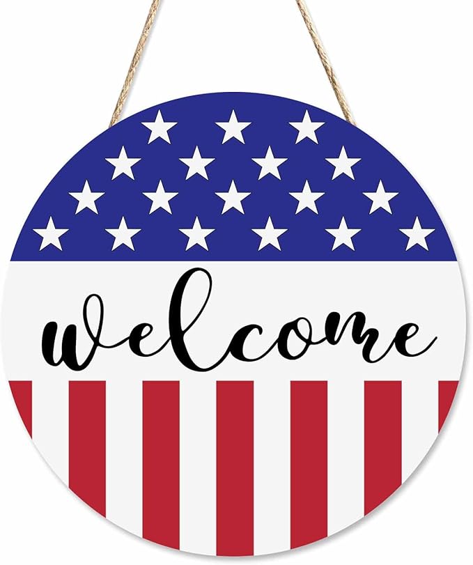 Welcome Wreath Sign for Farmhouse Front Porch Decor Patriotic Welcome Sign 12Inch Wooden Seasonal Decor Hanging Present