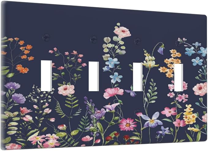 Rustic Wild Floral Darkground Vintage Watercolor Flower Quad Toggle Light Switch Covers Decorative Unique 4 Gang Wall Plate Electrical Faceplate Switchplate for Bedroom Decor