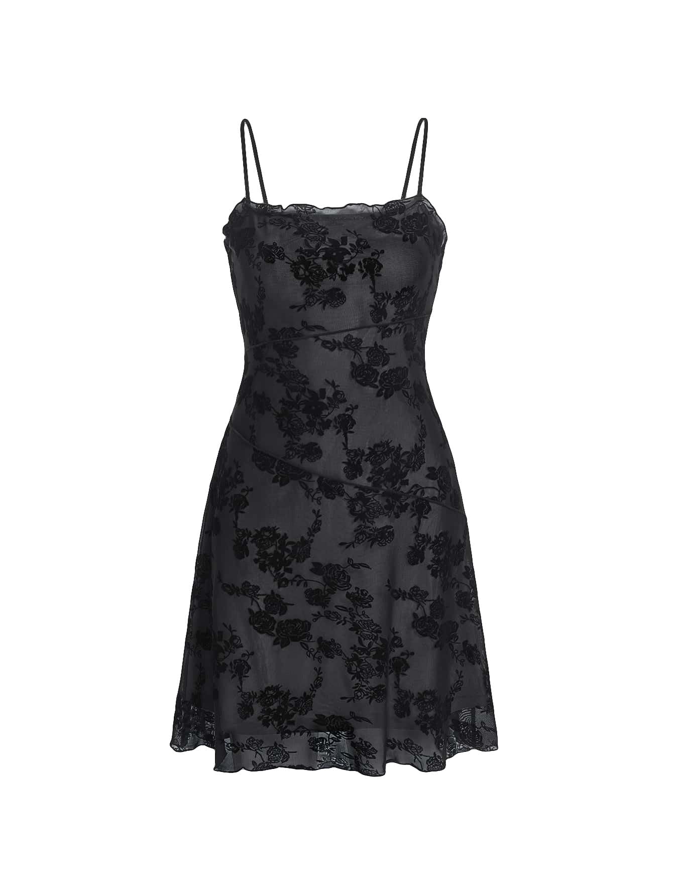Verdusa Women's Mini Dress Floral Spaghetti Strap Mesh Dresses Going Out Festival Concert Outfits Grunge Gothic Clothes Black Multi Small