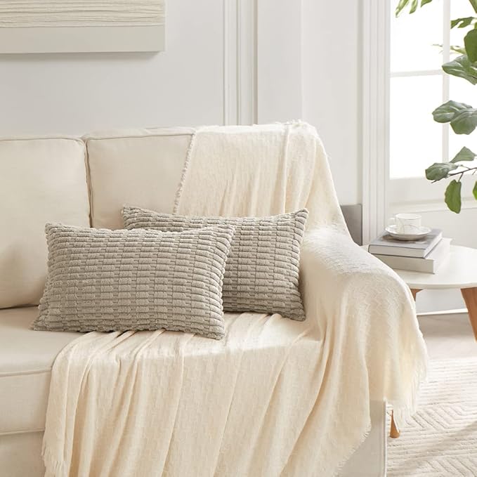 Fancy Homi Taupe Lumbar Decorative Throw Pillow Covers 12x20 Inch for Living Room Couch Bed Sofa, Rustic Farmhouse Boho Home Decor, Soft Striped Corduroy Rectangle Cushion Case 30x50 cm