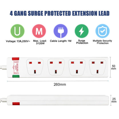 ExtraStar 4 Way Extension Lead with Surge Protection, 13A/250V~ Multi Sockets Power Strips, 3120W Fused UK Plug Wall Mounted Power Socket with 1M Extension Cord-White