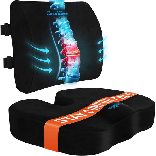 CloudBliss Seat Cushion,Office Chair Cushion,Car Seat Cushions,Lumbar Support Pillow for Office Chair,Back Support Memory Foam Pillow Coccyx Cushions for Tailbone Pain,Sciatica Back Pain Relief Black