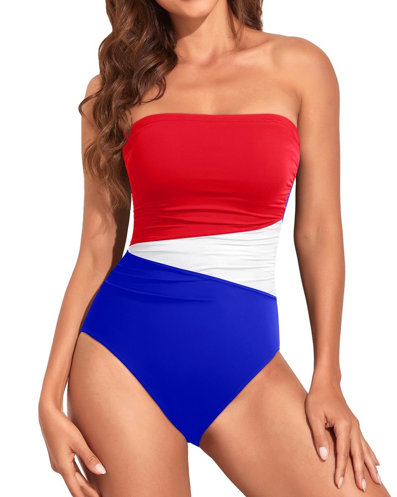 Holipick Women Red White Blue Strapless Bandeau One Piece Swimsuits Tummy Control Bathing Suits Halter Strapless Swimwear XL
