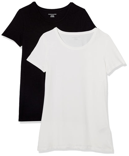 Amazon Essentials Women's Regular-Fit Short-Sleeve Crewneck T-Shirt, Pack of 2, Black/White, X-Small