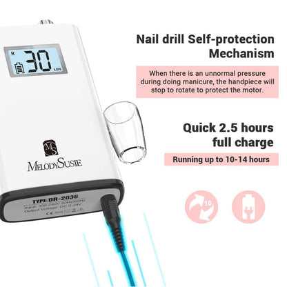 MelodySusie Professional Rechargeable 30000 RPM Nail Drill,SC320H Portable Electric E File Scamander, Acrylic Gel Grinder Tools with 6 Bits and Sanding Bands for Manicure Pedicure Carve Polish(Black)