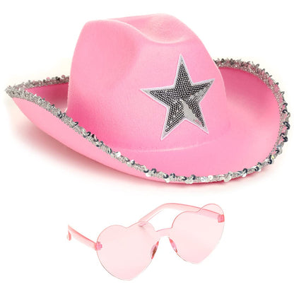 Funcredible Pink Cowboy Hat and Glasses - Preppy Cowgirl Hat with Star - Sparkly Cowboy Hats - Cowgirl Outfit Accessories for Women and Girls