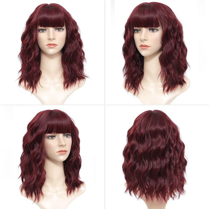 Colorfulpanda Short Bob Wigs for Women Wine Red Wavy Curly Wig with Bangs Natural Synthetic Heat Resistant Hair Wig Cosplay or Daily Use 14 Inch