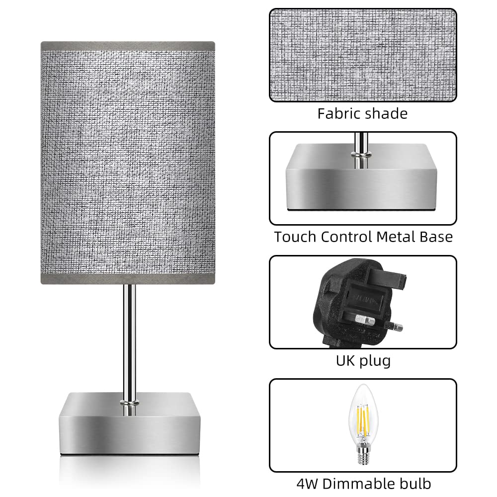 Aomeya Touch Control Table Lamp, 3-Way Dimmable Bedside Lamps Nightstand Lamps with Flaxen Fabric Shade for Bedroom Living Room,LED Bulb Included (Grey-1Pcs) (Grey-1Pcs)