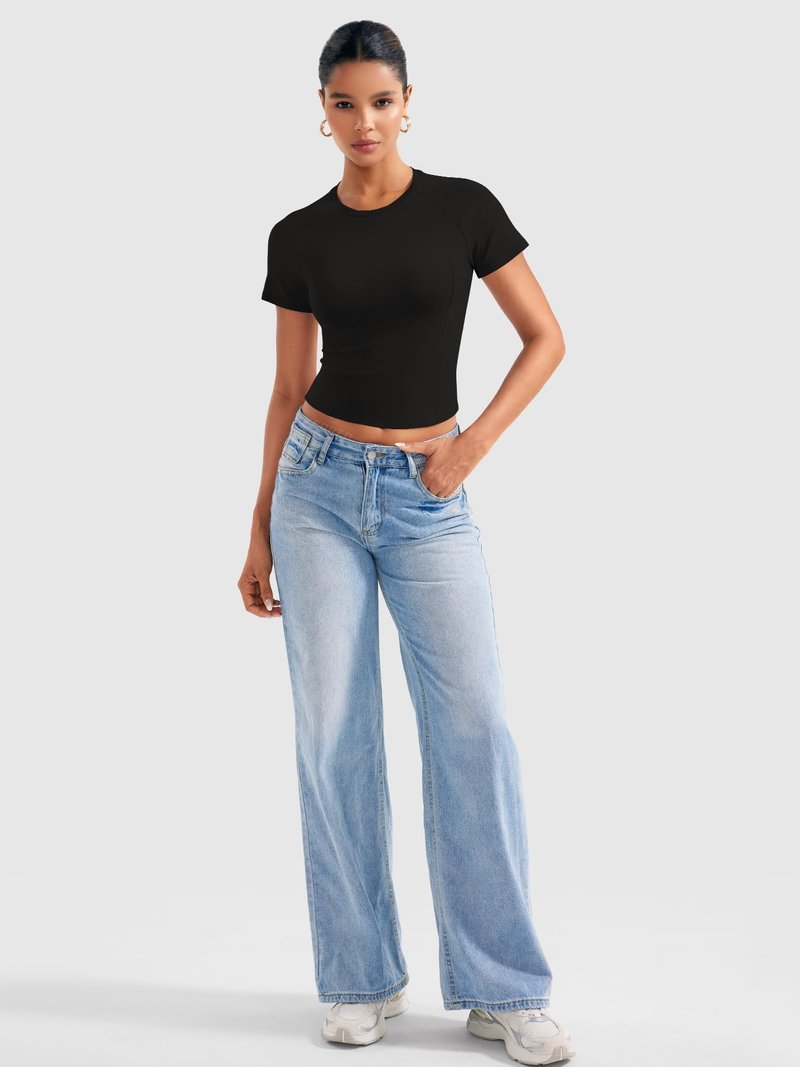 YEOREO Women Tops Baby T-Shirt Short Sleeve Crew Neck Going Out Crop Top Corriny Slim Fit Workout Basic Baby Tee Black M