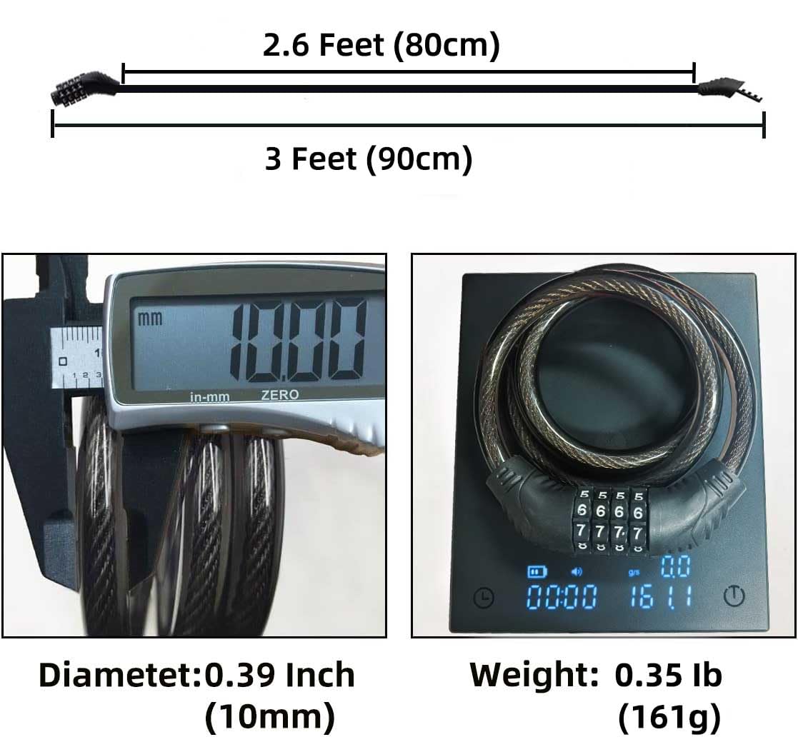 Revelook 4 Digit 3 Feet Long Bike Lock Cable Combination, Resettable Anti Theft Bicycle Lock for Electric Scooter