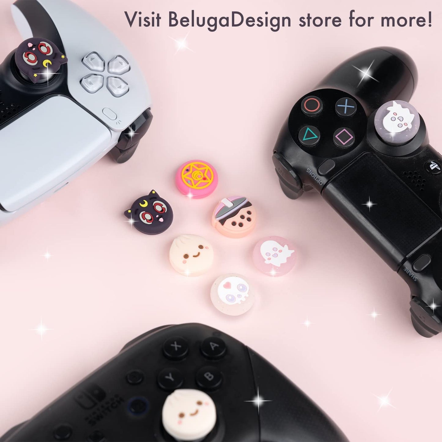BelugaDesign Boba Dumpling Thumb Grips | Kawaii Cute Cutecore Pastel Button Caps | Compatible with Sony PlayStation PS5 PS4 Xbox Nintendo Switch Pro Controllers (Does not fit Joycons)
