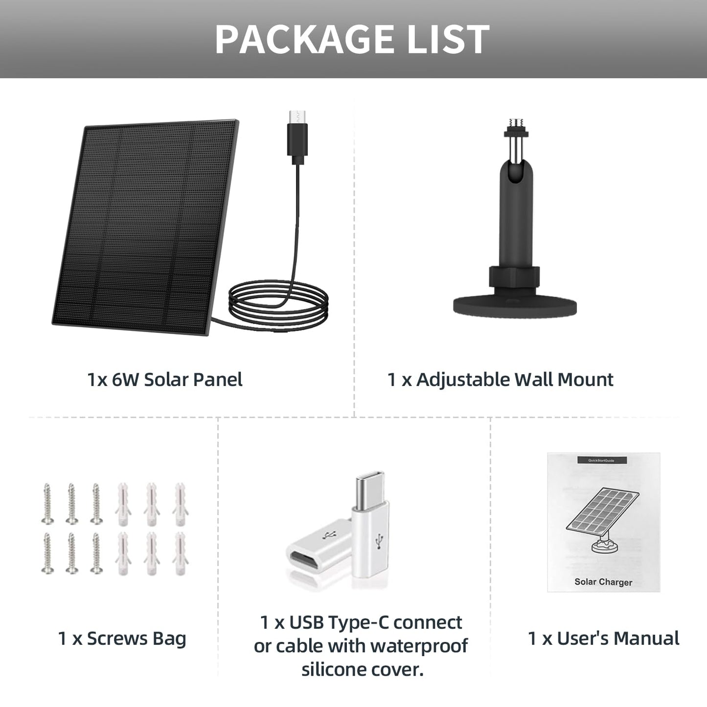 2PC 5W Solar Panel for Security Camera, Solar Panel with Micro USB & USB-C Port for DC 5V Outdoor Rechargeable Battery Camera, IP65 Waterproof, 360° Adjustable Security Mount, 9.8ft Cable(Black)