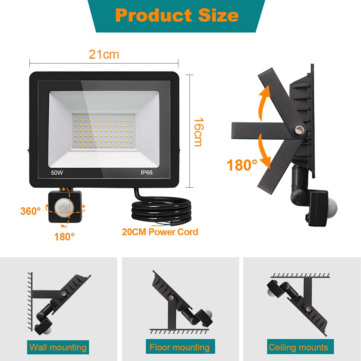 treoir 50W Security Lights Outdoor Motion Sensor,5000LM Outdoor Spotlight with PIR,IP66 Waterproof 3500k LED Spotlight for Garden,Garage,Square,Car Park,Construction Site ect(50W,Warm White)