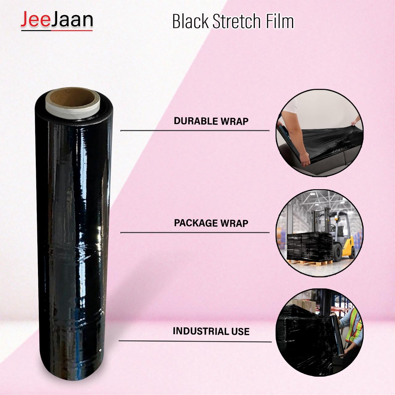JeeJaan® 2 Rolls Black Pallet Wrap 400mm x 250m, Non-Extended, 20mu - Strong Stretch Shrink Cling Film - Ideal for Wrapping - Warehouse, Moving House & Furniture