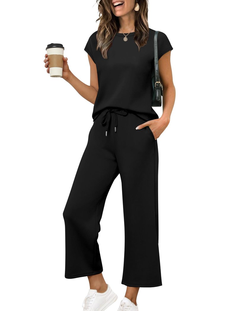 Sampeel Two Piece Sets for Women Lounge Set Summer Outfits Date 2026 Travel Fashion Beach Vacation Clothes Matching Sets Women Clothing Winter Teacher Black M