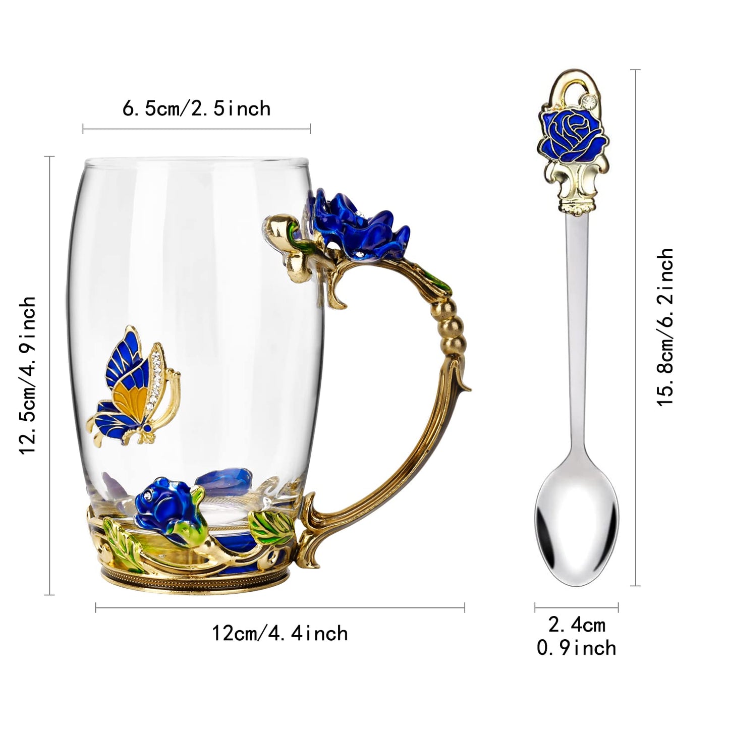 OEAGO Gifts for Mom Women Mothers Day Glass Coffee Enamels Mug Best Birthday Butterfly Rose Gifts for Her from Daughter Son Lead-Free Christmas Blue Tea Cup with Spoon Set