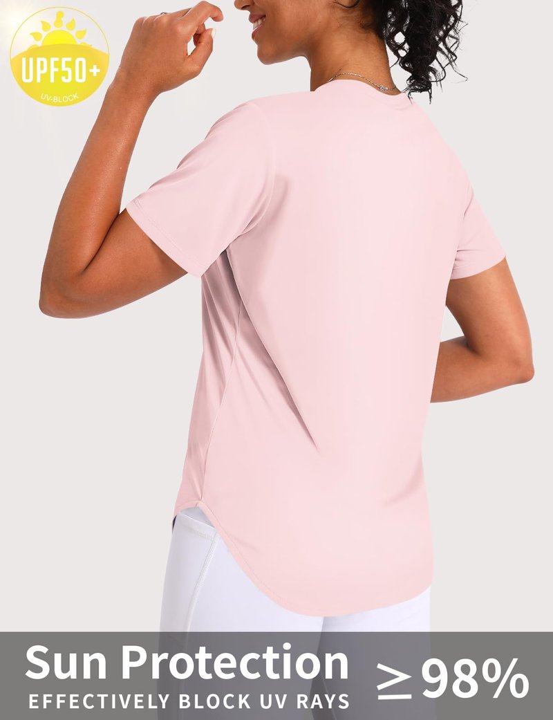 CHALLMOTI Women's Short Sleeve Workout Tops Athletic Shirts V Neck Sun Shirts UPF 50+ Quick Dry Quick Dry Pink L