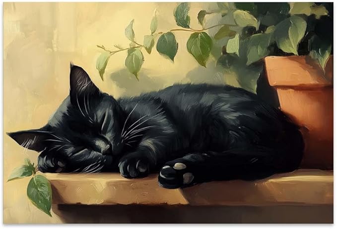 Yesad Cat Wall Art, Sleeping Cat Print Poster Cat Painting Pictures Rustic Wall Décor for Living Room Bedroom Farmhouse Decorations Cat Lover Gift (Unframed,18”x12”, Cat4)