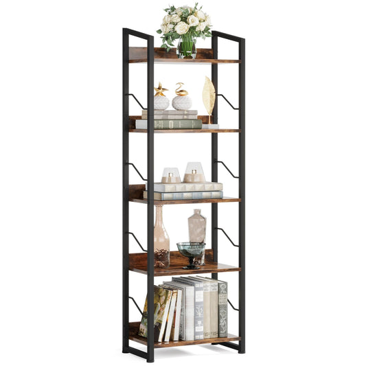 Hosfais 5 Tier Tall Bookshelf: Industrial Wood Book Shelf with Edge Protection Metal Narrow Bookshelf Bookcase Storage Organizer Display Rack for Living Room Home Office (Rustic Brown)