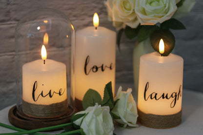 GenSwin Battery Flameless Candles with 10-Key Remote Timer, Real Wax Pillar LED Candles Live Laugh Love, Realistic 3D Wick Flickering Gift (D3 x H4.7 5.7" 6.7", Pack of 3)
