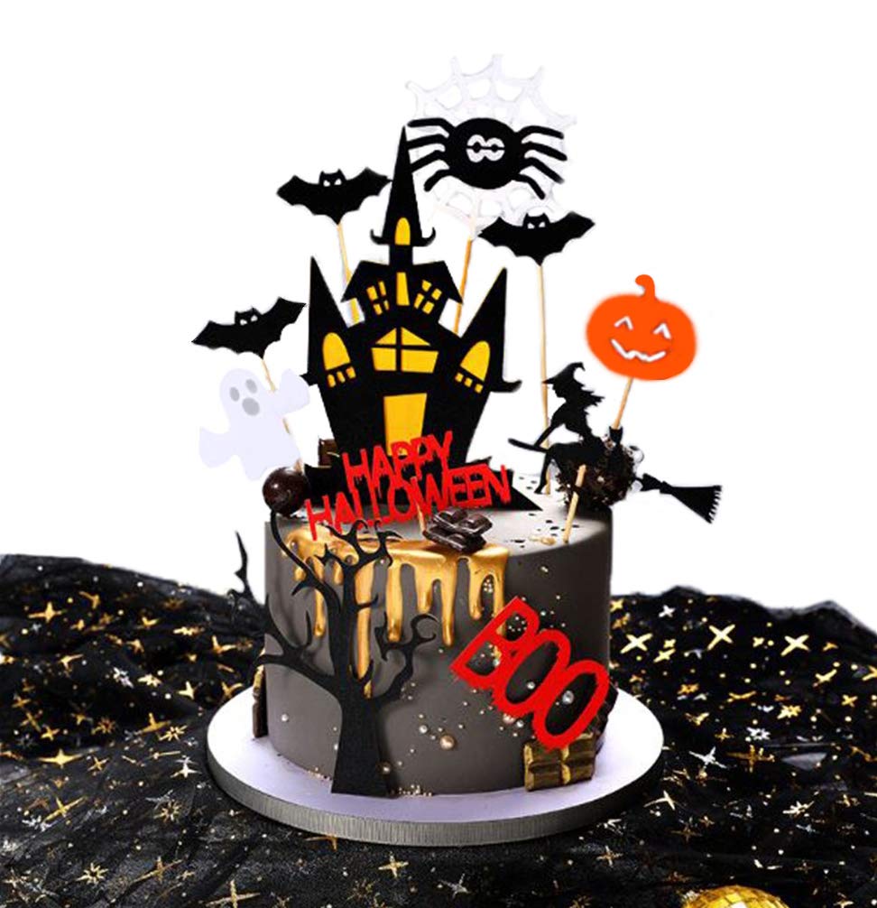 11 pcs Halloween Cake Topper Set - Haunted House, Ghosts, Pumpkins for Cupcakes & Cake