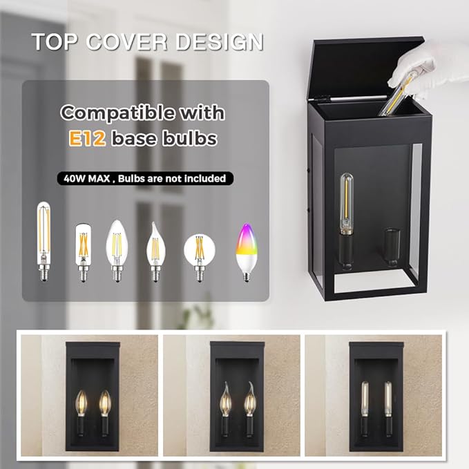 Cerdeco Black Outdoor Wall Light with Clear Glass,Modern Outdoor Wall Sconce with 2*E12 Socket,2 Pack(ETL Listed)