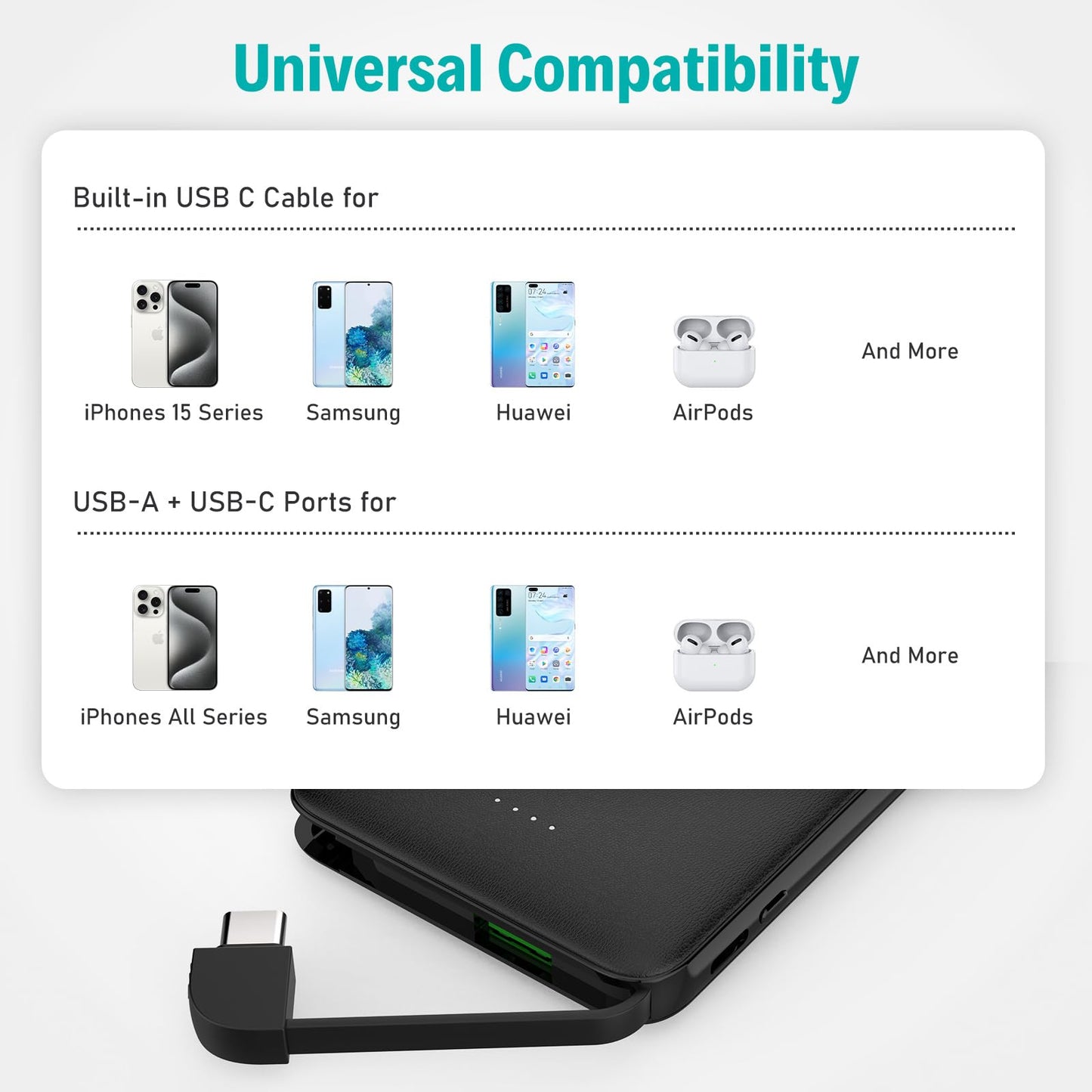 Slim Portable Charger with Built in USB C Cable,20W Fast Charging Power Bank,Small Mini Lightweight Phone Battery Pack 6000mAh,Ultra Thin Travel Essentials for iPhone 17 16 15 Series,Samsung,Android