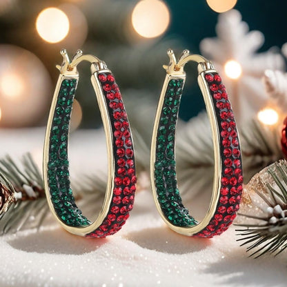 Crystal Hoop Earrings For Women Sparkly Earring Bright Silver Plated Oval Inside Out Earring Jewelry Gift (Christmas color2)