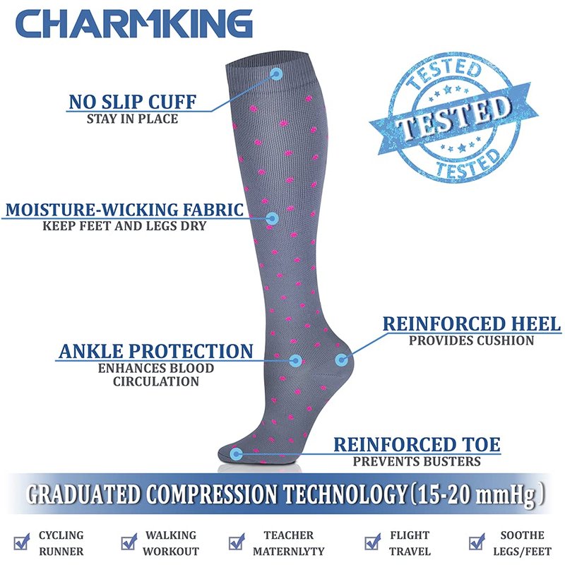 CHARMKING Compression Socks for Women & Men (8 Pairs) 15-20 mmHg Graduated Copper Support Calf Socks are Best for Pregnant, Nurses - Boost Performance, Circulation, Knee High Wide Calf(L/XL, Multi 41)