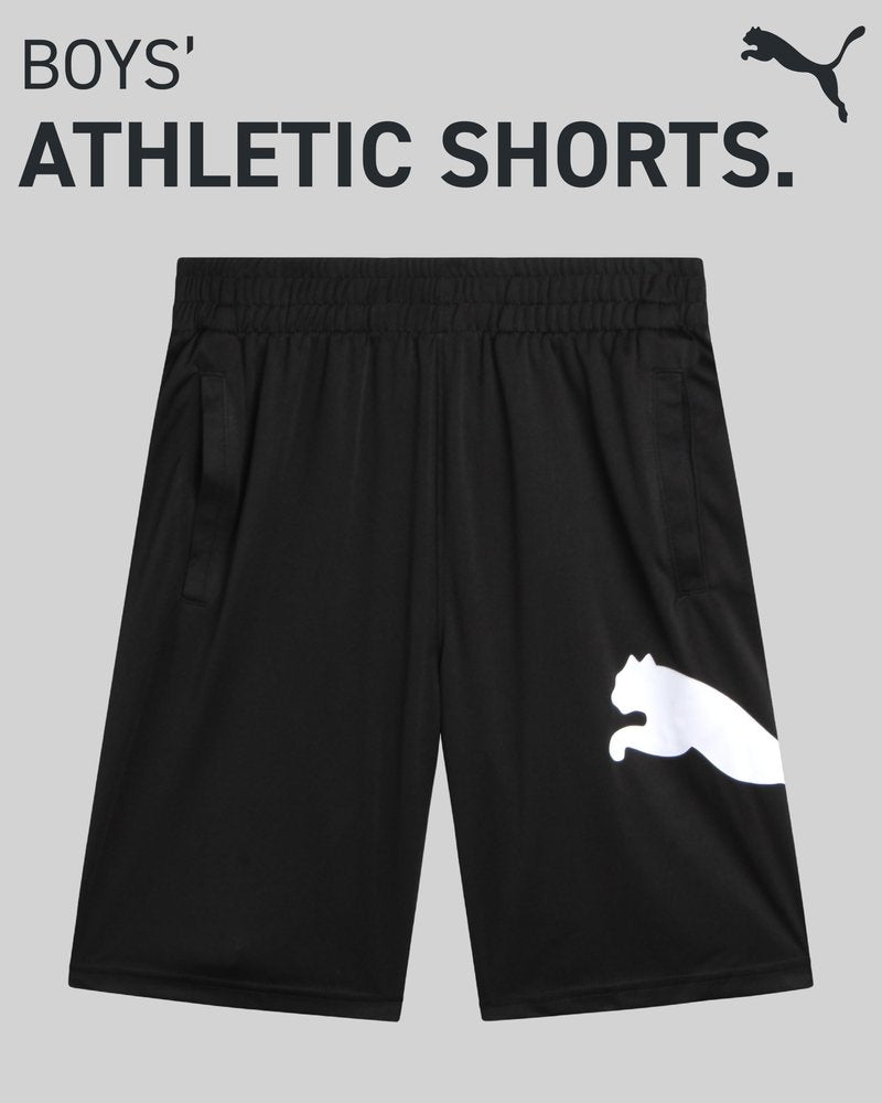 PUMA Boys Athletic Shorts - Quick Dry Breathable Interlock Performance Boys Basketball Shorts with Pockets (Sizes: 4-20), Size 14-16, Puma Black/White