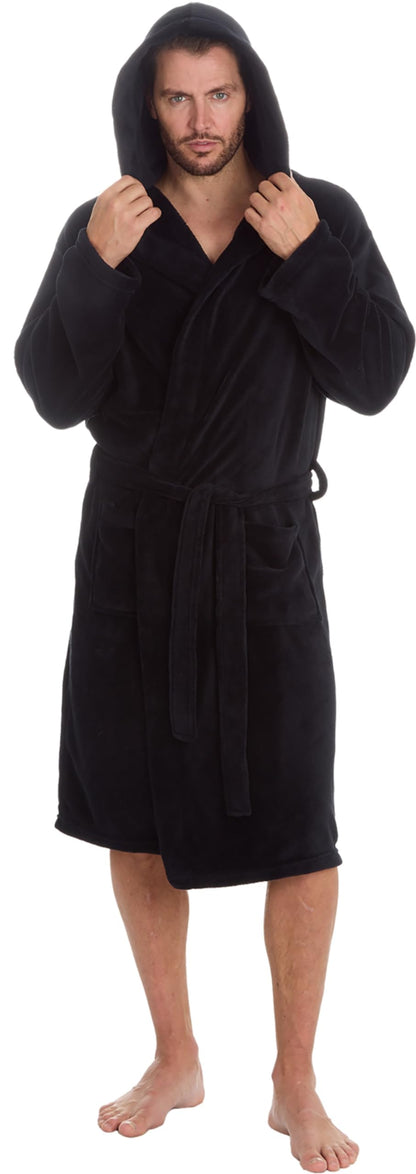 MICHAEL PAUL Dressing Gowns for Men | Super Soft Luxury Hooded Dressing Gown | Men's Warm and Cozy Fleece Nightwear Robe | Gifts for Men L BLACK