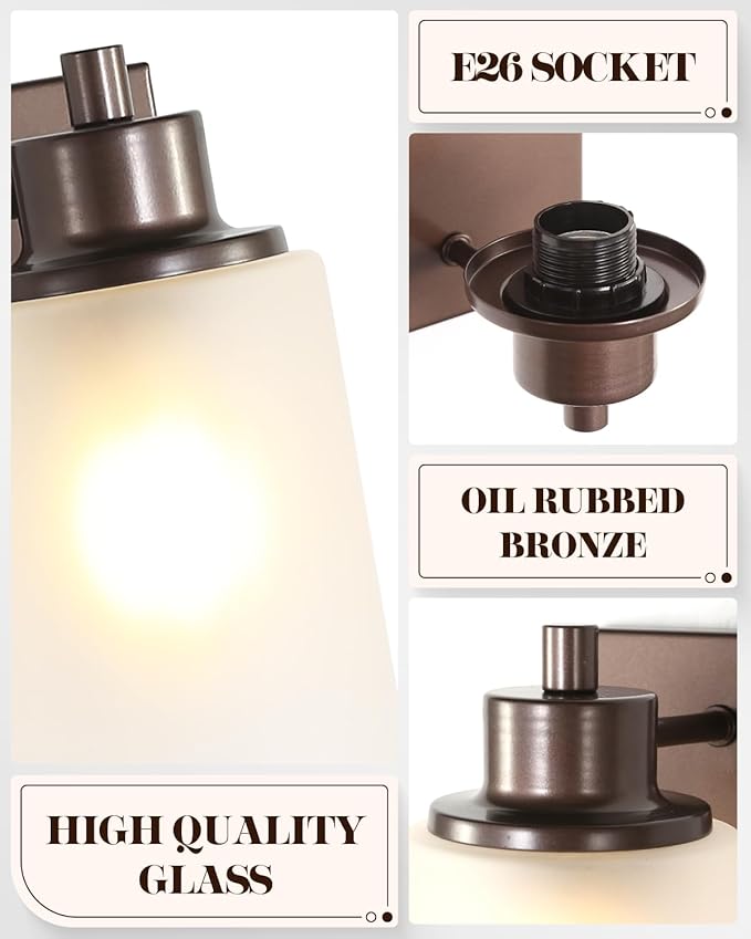 2 Pack Wall Sconces Bathroom Lights, Indoor Bath Vanity Light Fixtures for Living Room Porch Bedside, Oil Rubbed Bronze with White Frosted Glass Shades Wall Mounted Lights, Twin