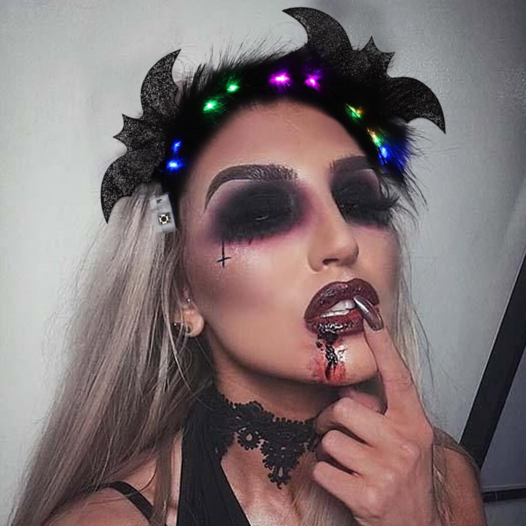 CAKURE Light Up Halloween Headband Led Black Feather Headpiece Glowing Bats Hairbands Nightclub Festivel Party Headwear Rave Hair Accessories