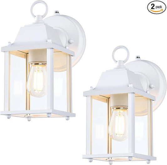 LIT-PaTH Dusk to Dawn Outdoor Wall Lantern, Wall Sconce, Waterproof Proch Light Fixture E26 Base, Aluminum Housing Glass Shade, Outdoor Rated, 2-Pack, White