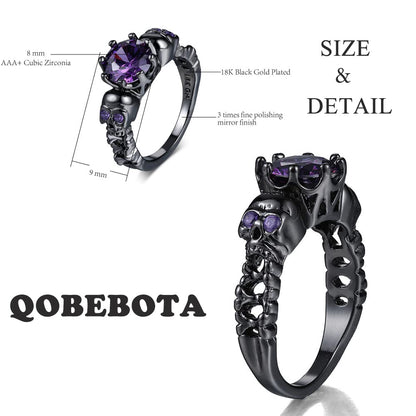 QOBEBOTA Gothic Jewelry Skull Black Rings for Women Halloween Skeleton Witchy Ring Goth Accessories Purple Cubic Zirconia Cool Grunge Ghost Band Statement Size 8 Rings for Women