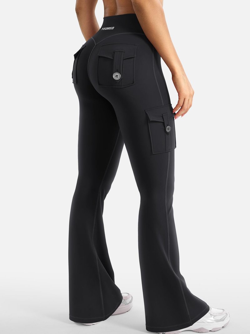 YEOREO CoreFlex Women Workout Flare Leggings with Pockets Hidden Scrunch Cargo Gym Yoga No Front Seam Leggings Black XS