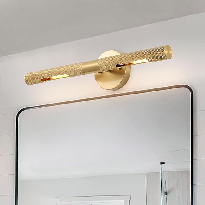 Brushed Brass Picture Light 19 inches Modern Gold Wall Sconce with Knurled Texture Cylinder Metal Shades Rotatable 360°Indoor Wall Lighting Fixture Bathroom Vanity Light Bedroom Living Room