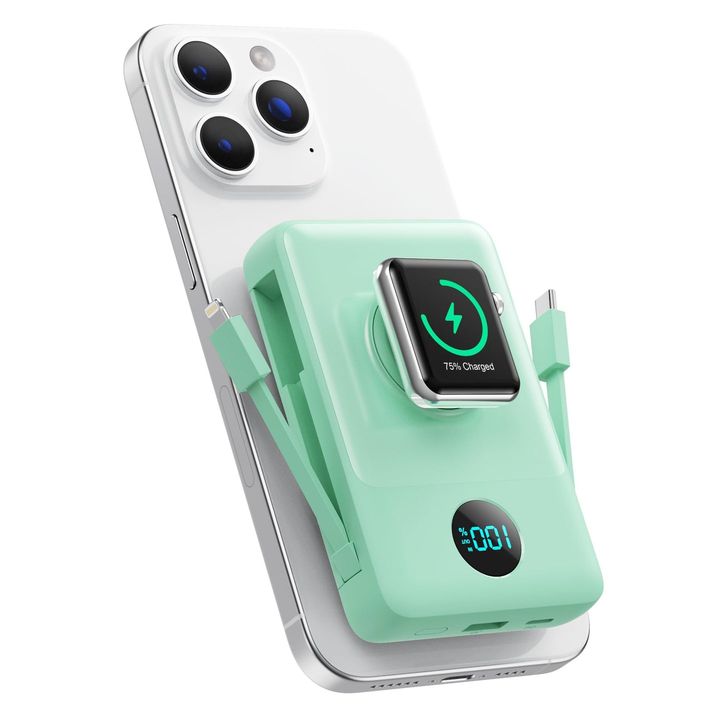 Magnetic Portable Charger 10800mAh for iPhone with Built-in Cables, 6-in-1 Wireless Power Bank with iWatch Charger, LCD Display 25W PD Fast Charging Battery Pack for iPhone 16/15/14/13/12, Apple Watch