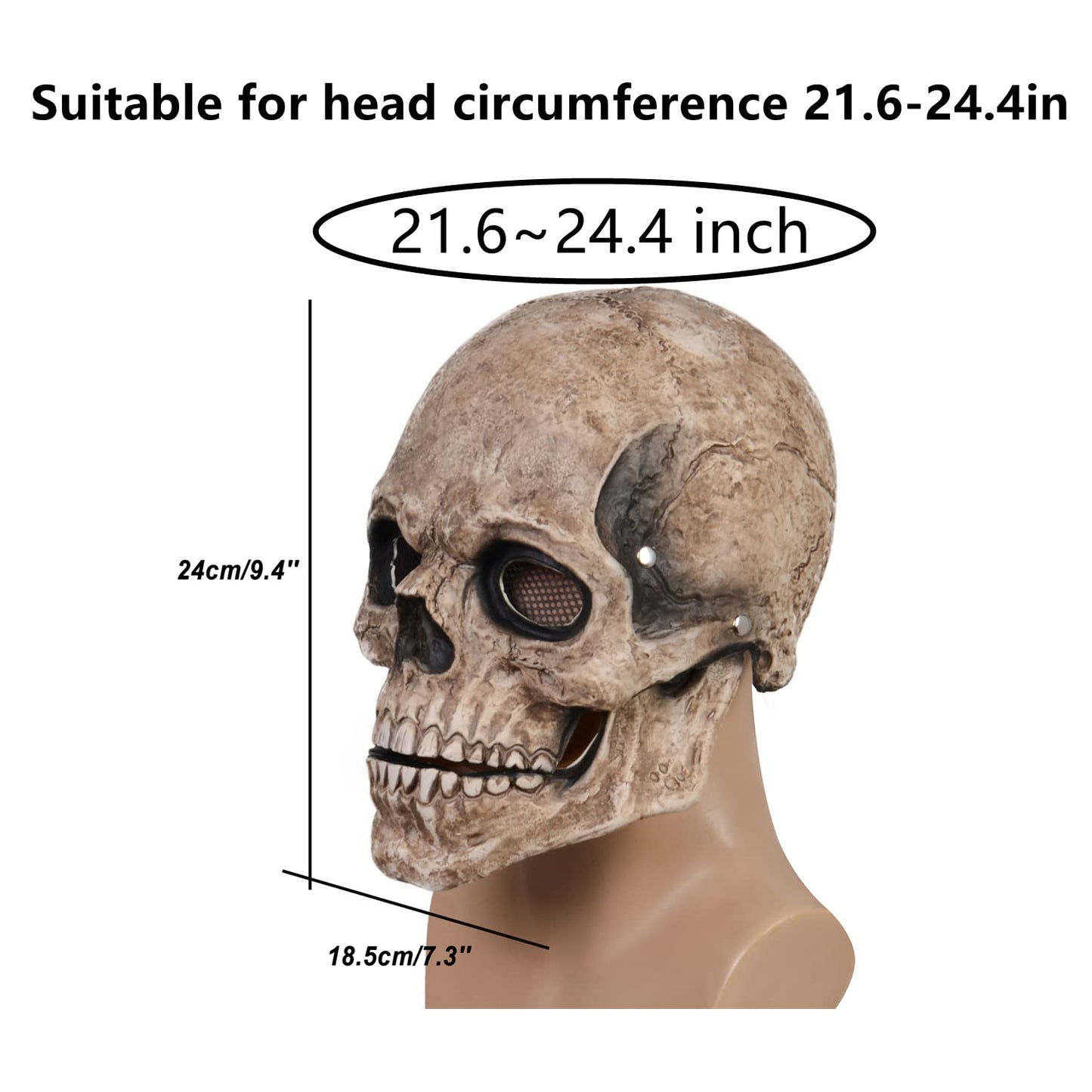 RRANYF Creepy Halloween Full Head Skull Mask with Movable Jaw, Adult Entire Head Realistic Latex Helmet, Scary Skeleton Headgear (Yellow Human Skull Mask)